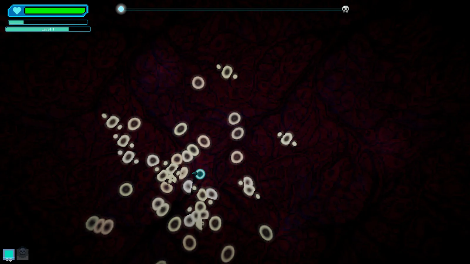 Gameplay: a lone cyan NK cell surrounded by a swarm of white tumor cells against a dark tissue wall, a remission meter running across the top of the screen